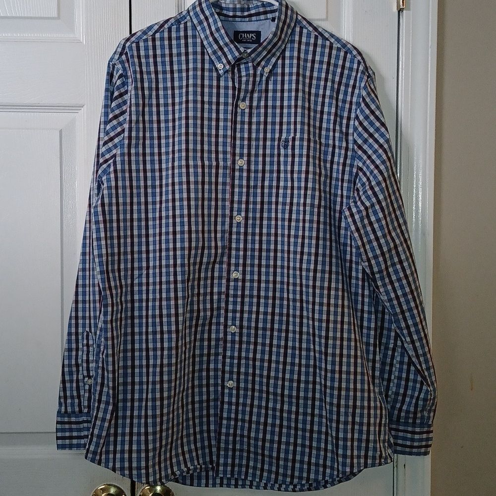 Chaps Stretch Easy Care blue plaid long sleeve button down shirt  Sz L NWOT